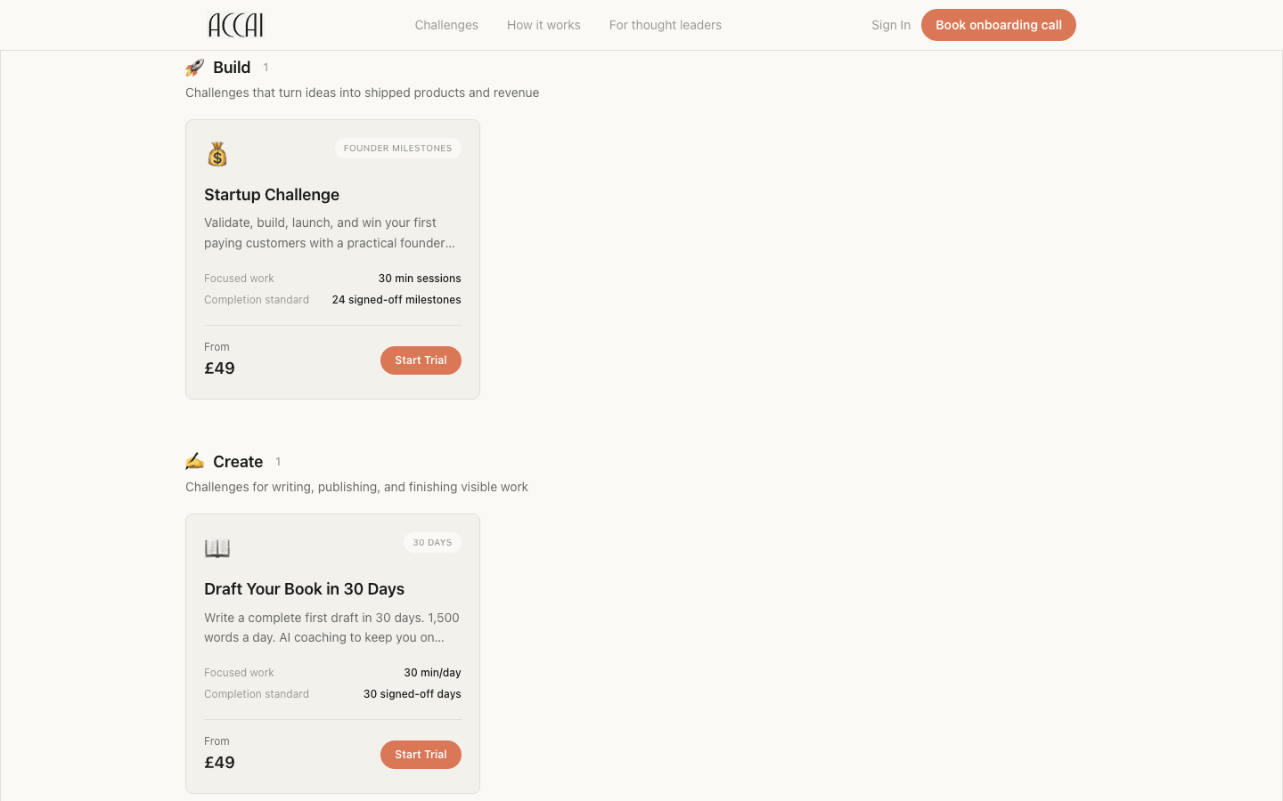 Accai challenge marketplace showing structured challenges